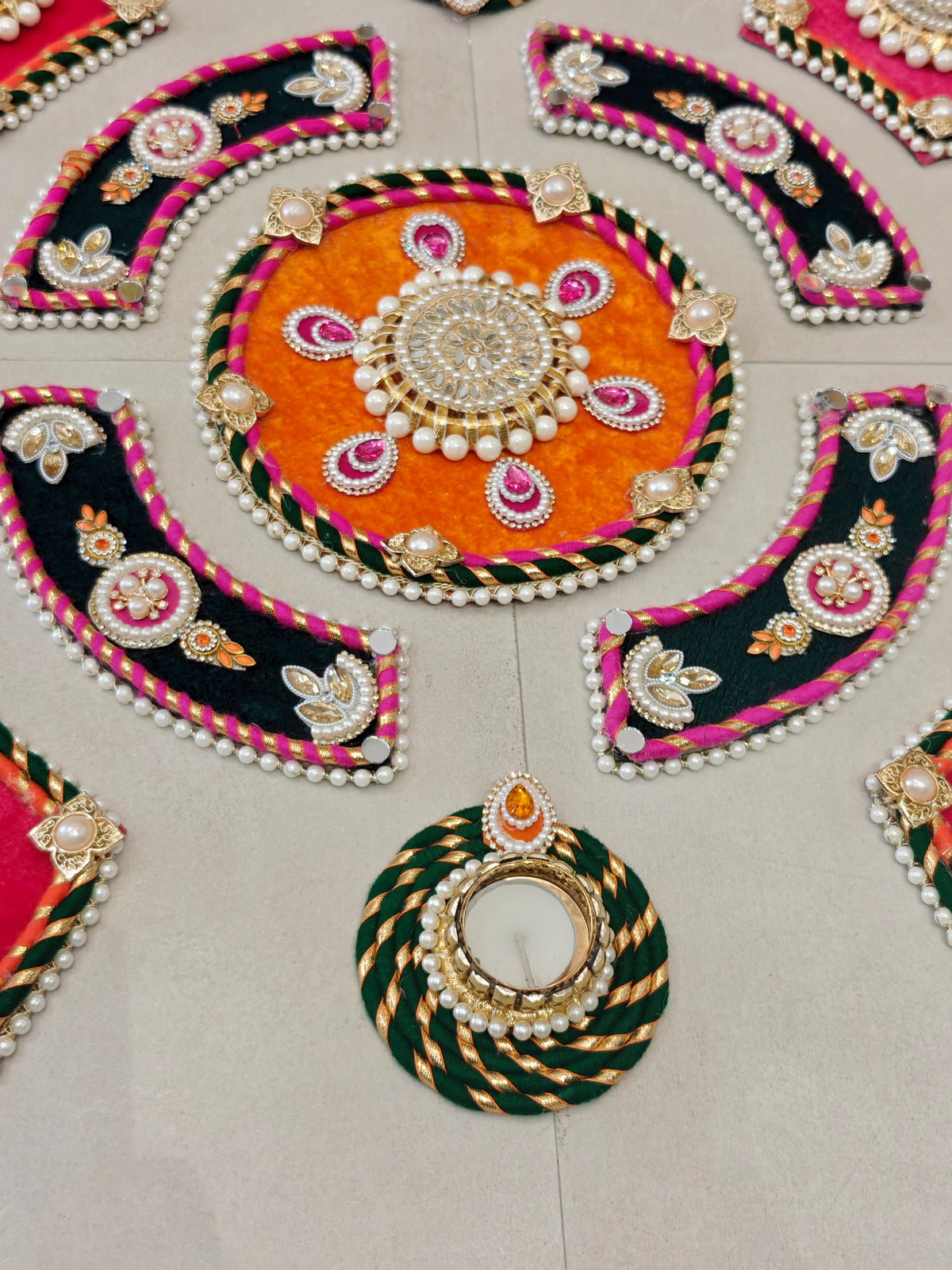 Orange & Green Kundan Sunburst Rangoli Set with Tealight Holders | The Wedding Station