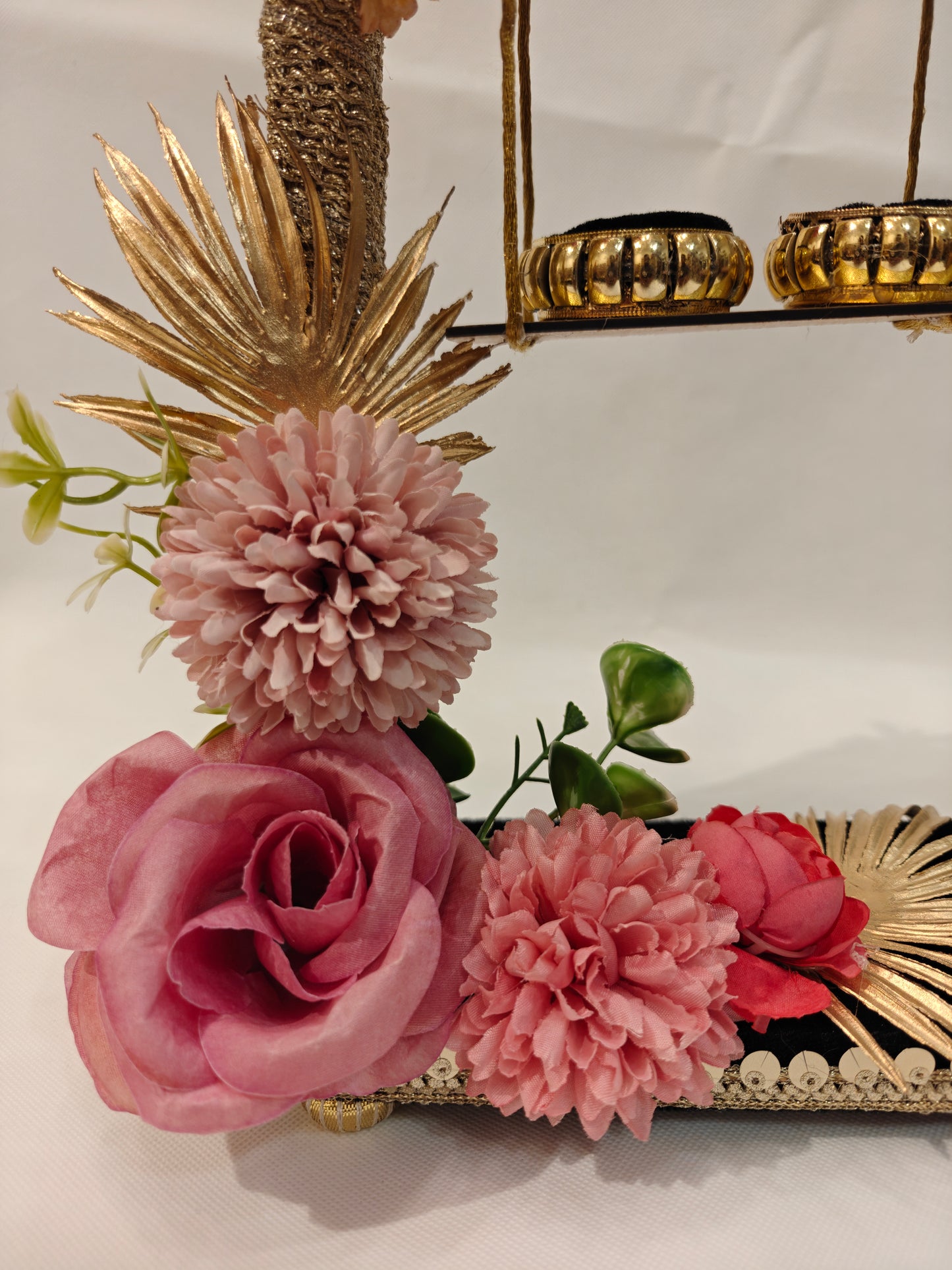 2-Tier Floral Ring Ceremony Stand — Dusty Rose & Mauve | Wooden Ring Platter with Holders | The Wedding Station