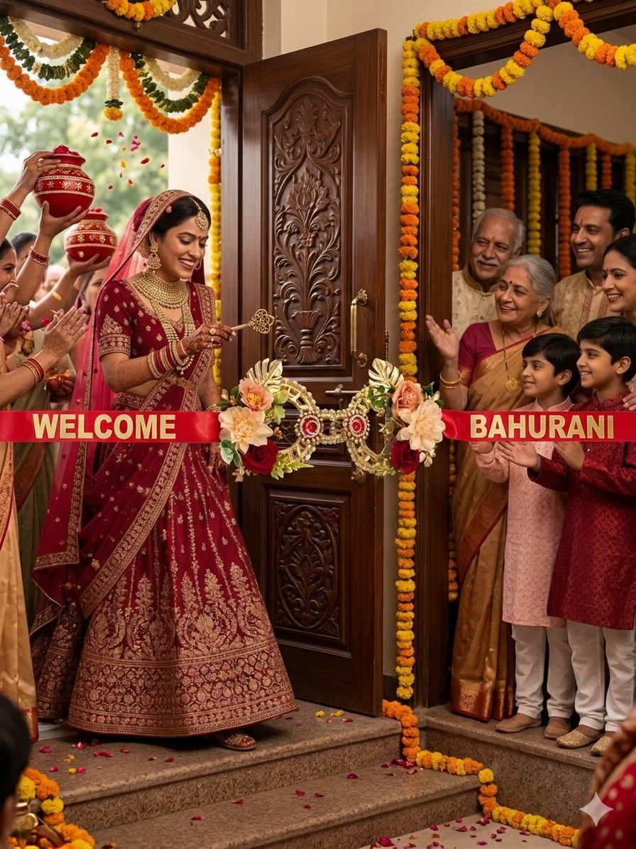 Welcome Bahurani red satin ribbon with gold floral lock decoration for bride's Griha Pravesh entry ceremony