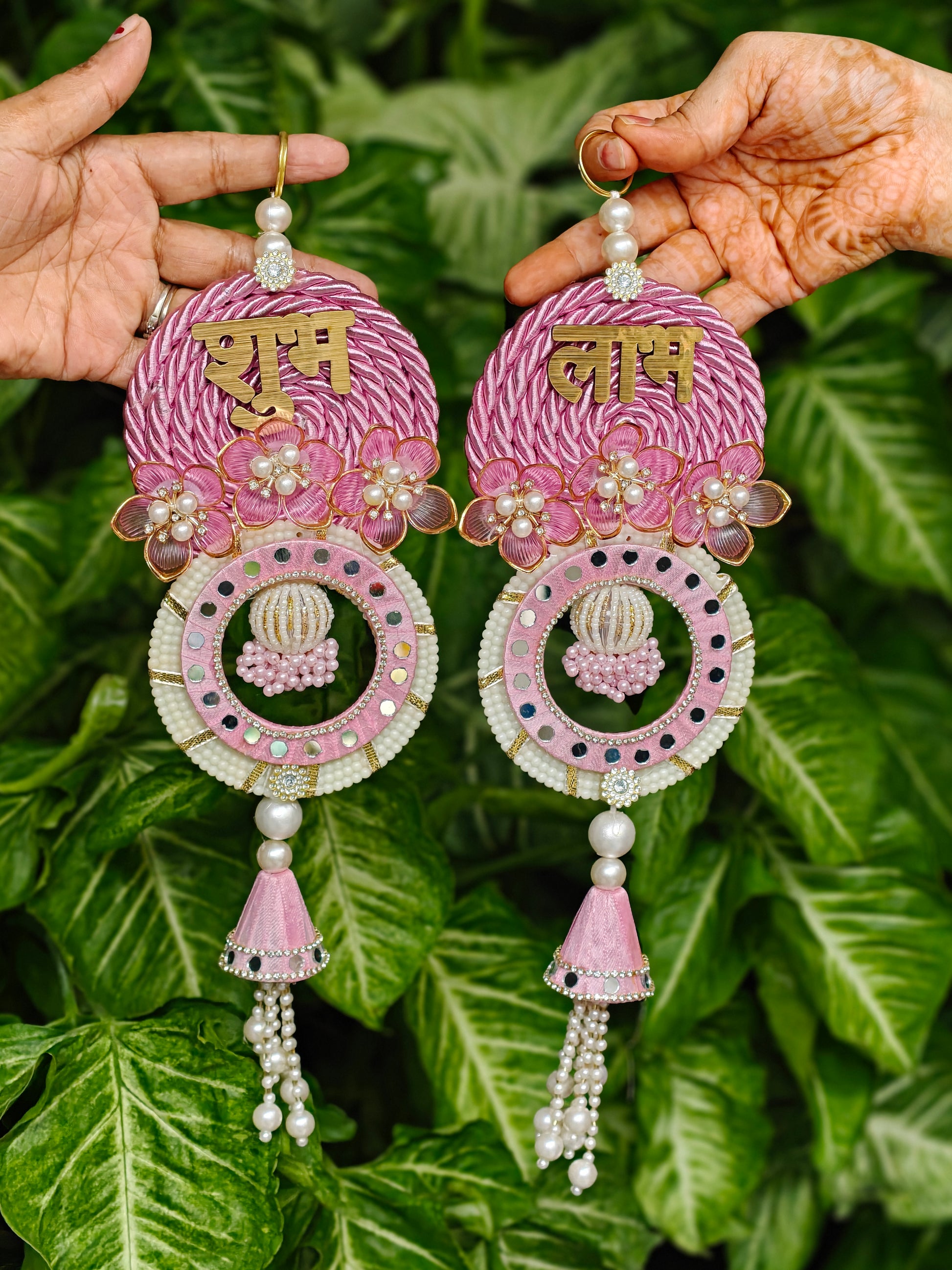 Shubh Laabh decorative hanging for Diwali festive decor in blue, pink, red and lavender, 13.5 x 4 inches