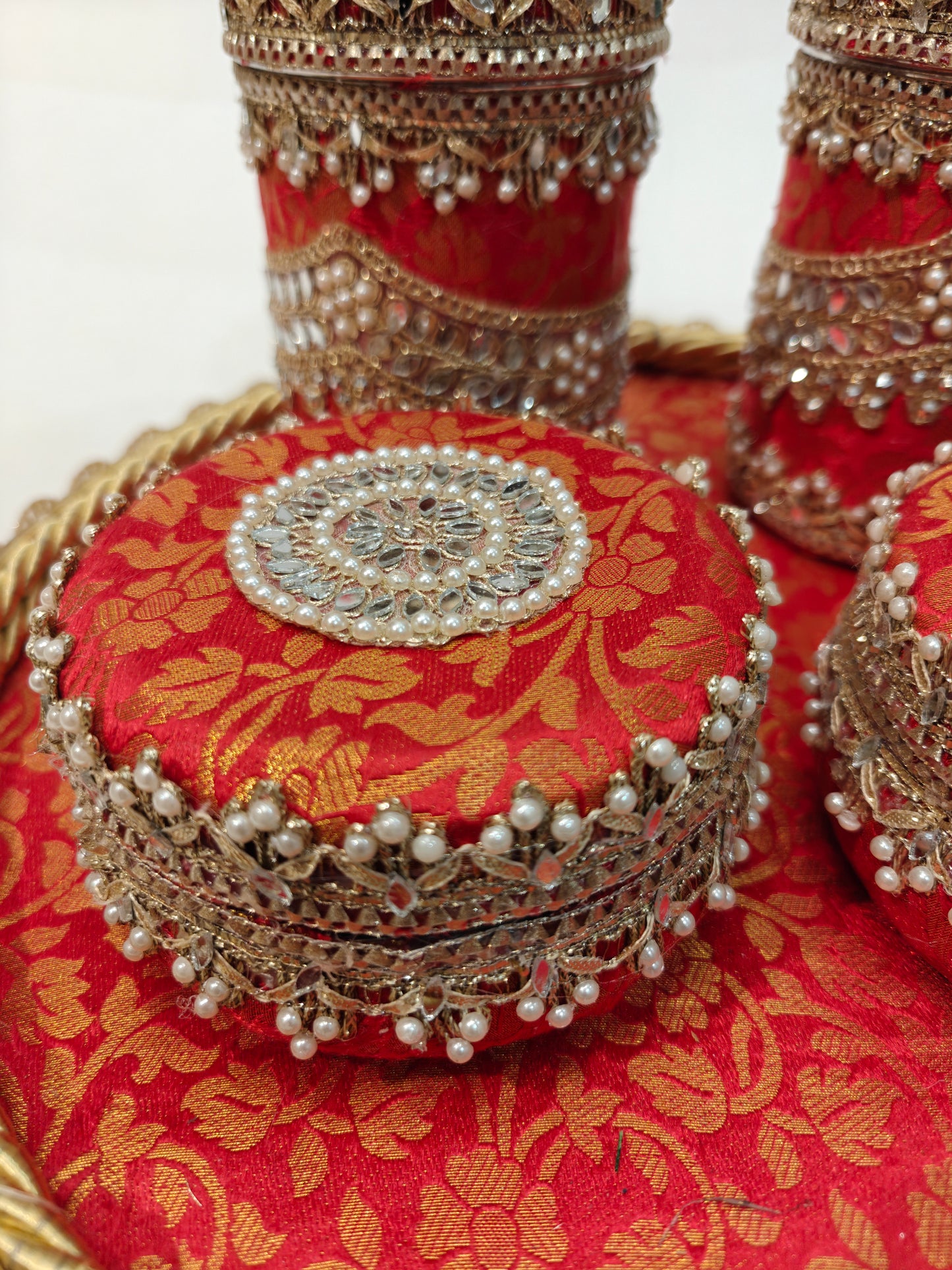 Royal Wedding Mewa & Mithai Platter Set with Decorated Steel Boxes- Red