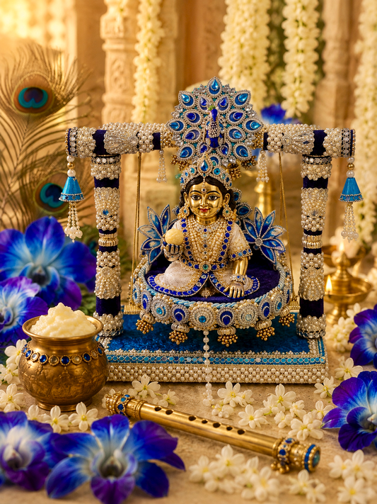 Royal Peacock Jhula & Singhasan for Ladoo Gopal | The Royal Collection | 2-in-1 Handcrafted Navy Blue & Teal Velvet Swing with Detachable Peacock Singhasan, Real Feather Motifs & Pearl Embellishments | 17 Inch Kanha Jhula