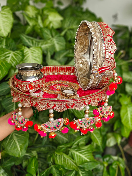 Royal Red Pom Pom Designer Karva Chauth Thali Set with Kalash, Channi & Candle | The Wedding Station