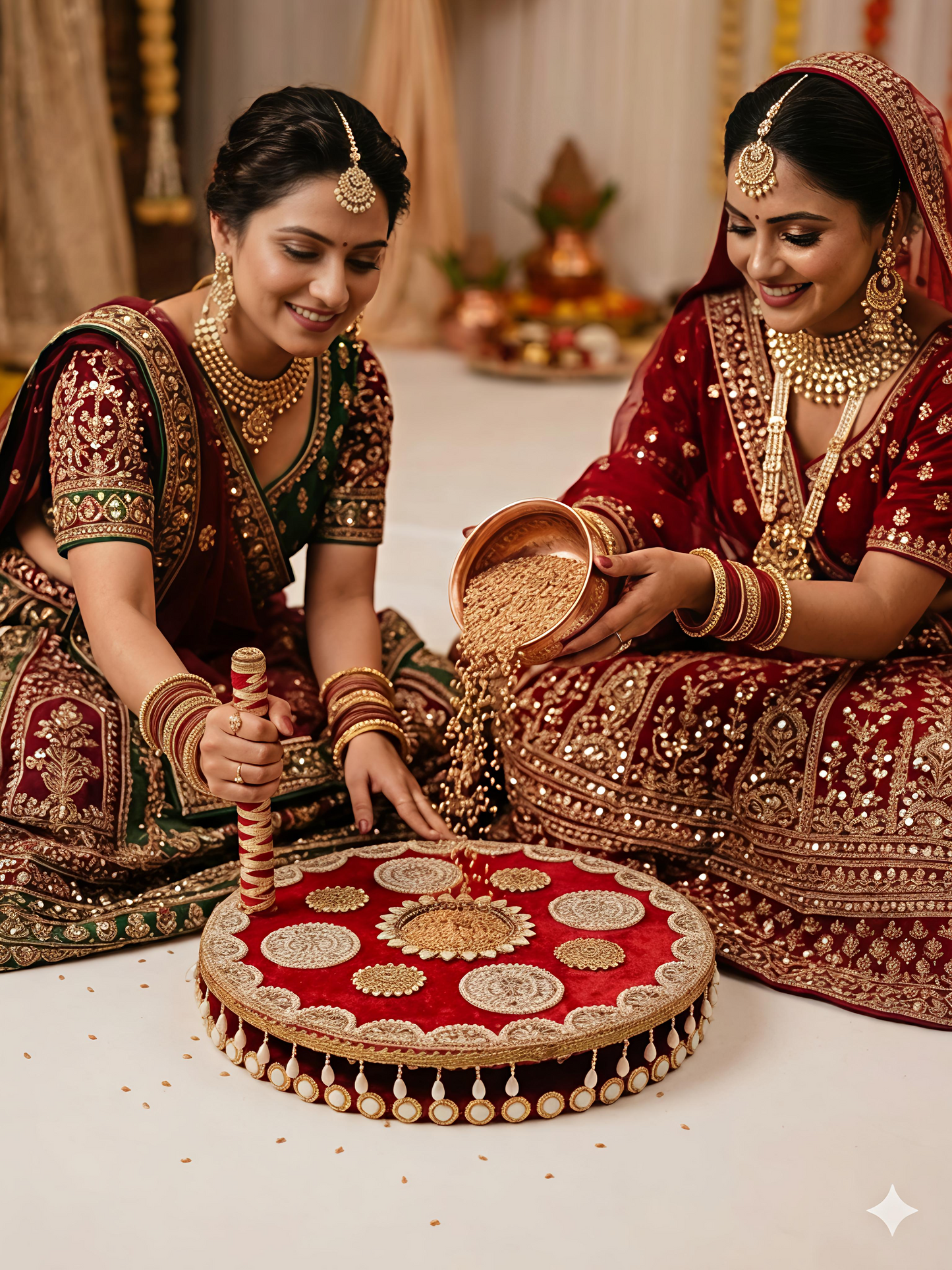 Decorated Chakki for Baan Ritual | Red Velvet MDF Grinding Wheel with Mirror Work Medallions & Pearl Fringe | 12 Inch | Indian Pre-Wedding Ceremony