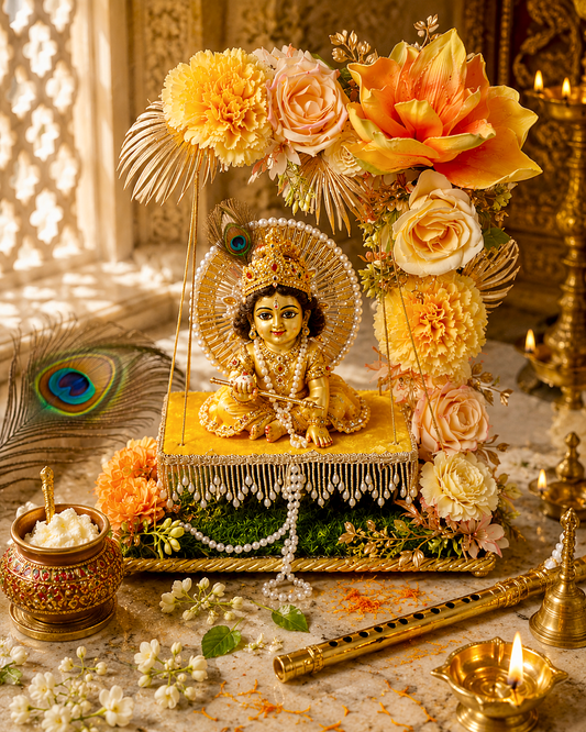A decorative religious display featuring a seated deity figurine on a ornate pedestal, surrounded by large yellow and peach flowers, white marigolds, a peacock feather, a brass flute, a lit oil lamp, and a small decorative pot on a patterned surface.