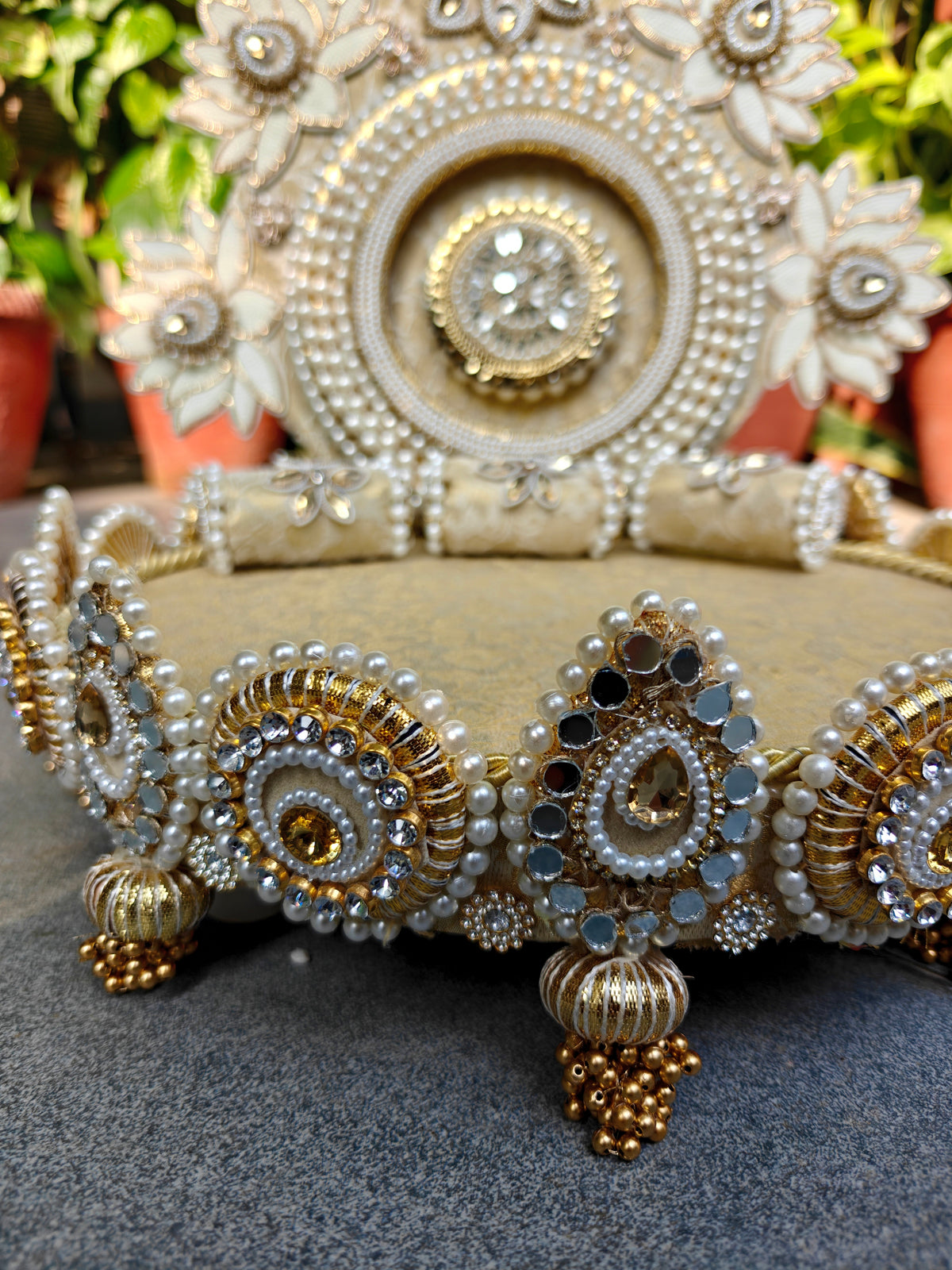 Ivory Lotus Garden Singhaasan for Ladoo Gopal | Handcrafted MDF Deity Throne with Detachable Backdrop | Ivory Gold