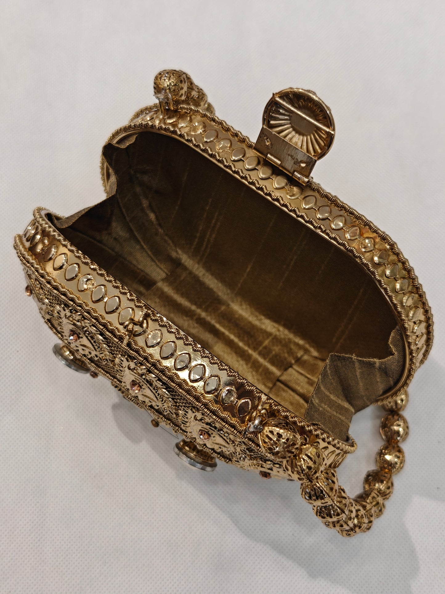 Handcrafted Gold Brass Oval Minaudière Clutch | Bridal Hard Case Bag with Champagne Crystals, Paisley Filigree & Bead Handle | Wedding Evening Bag for Women