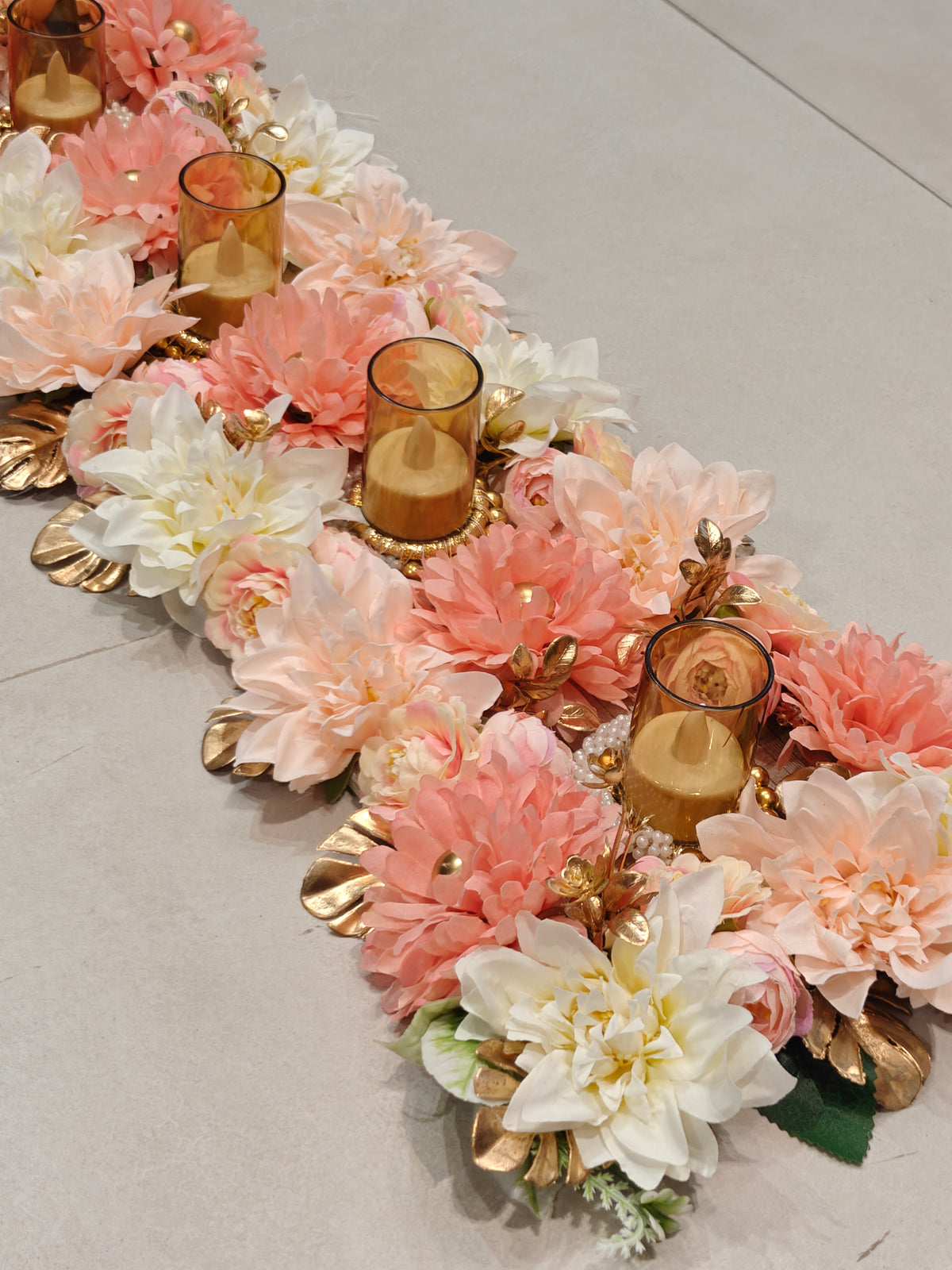 Peach Floral Table Runner with Candles for Diwali Table Decor