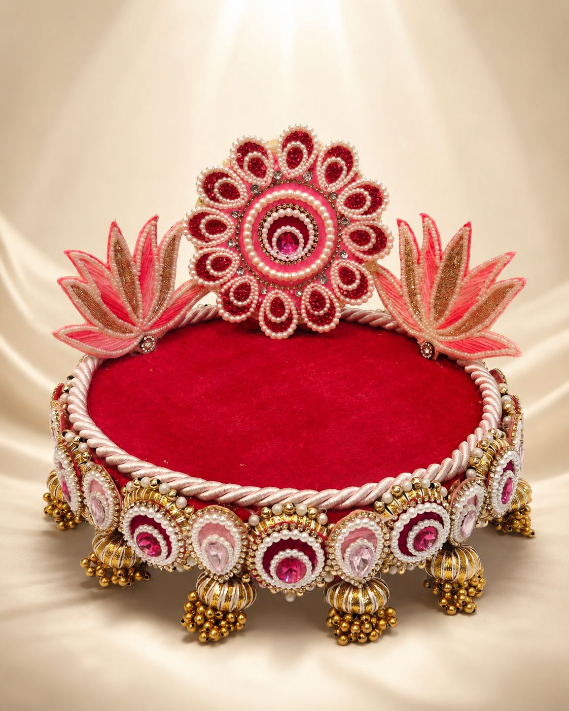 Pink Lotus Singhaasan for Ladoo Gopal | Handcrafted MDF Deity Throne with Lotus Backdrop | Pink & Gold | 8 Inch Base