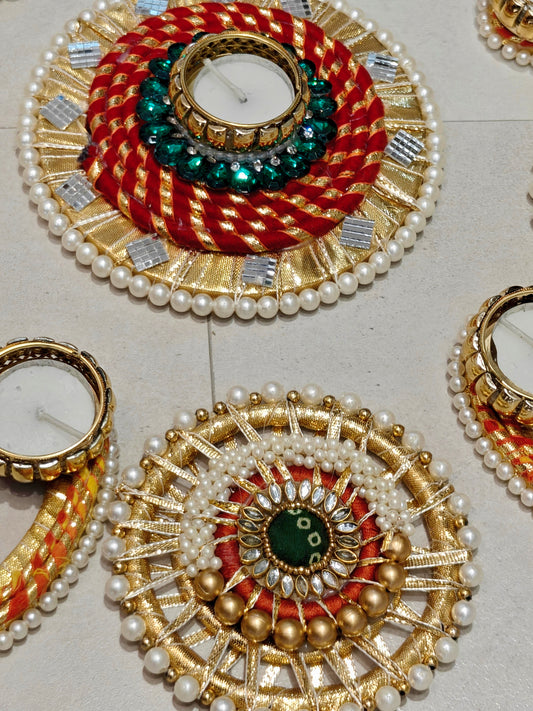 Red & Gold Spiral Rangoli Set with Loop Tealight Holders