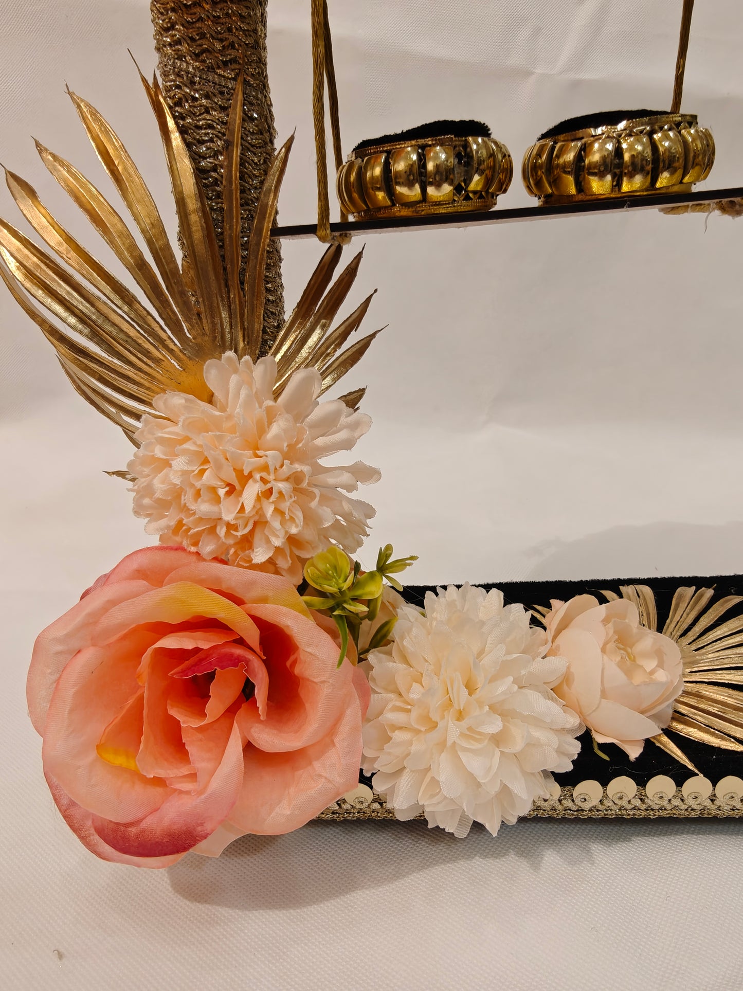 2-Tier Floral Ring Ceremony Stand — Peach & Ivory | Wooden Ring Platter with Holders | The Wedding Station