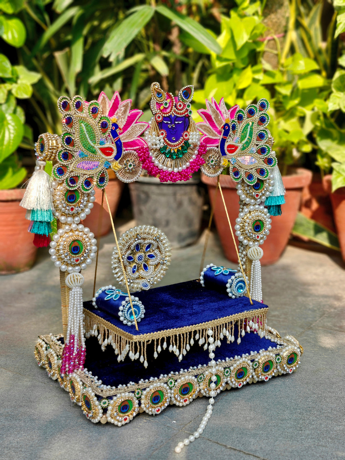 Peacock Pearl Thakur Ji Jhula | Handcrafted MDF Krishna Swing for Home Mandir (18 Inch, Seats up to 6 Thakur Ji)