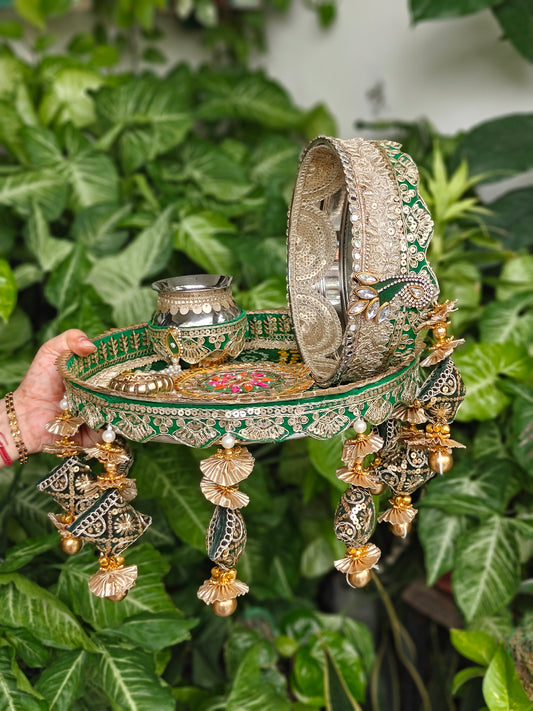 Green & Golden Karva Chauth Thali Set – Prosperity & Elegance