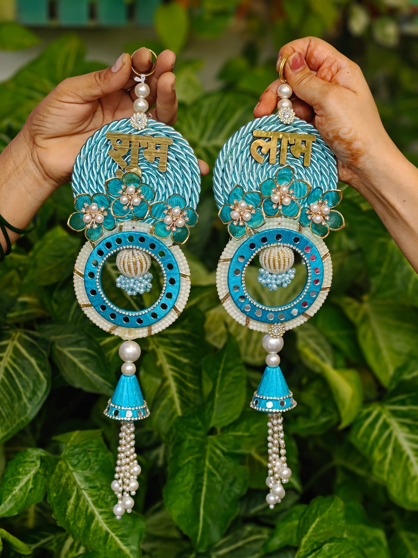 Shubh Laabh decorative hanging for Diwali festive decor in blue, pink, red and lavender, 13.5 x 4 inches
