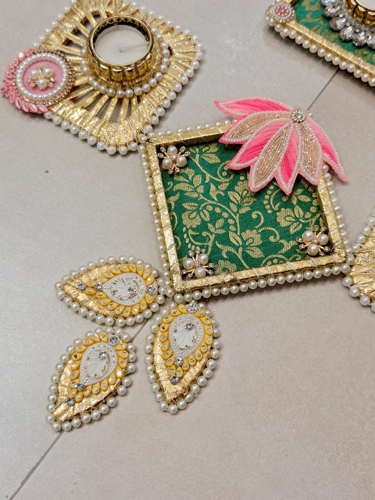 Green Brocade & Pink Lotus Rangoli Set with Diamond Tealight Holders