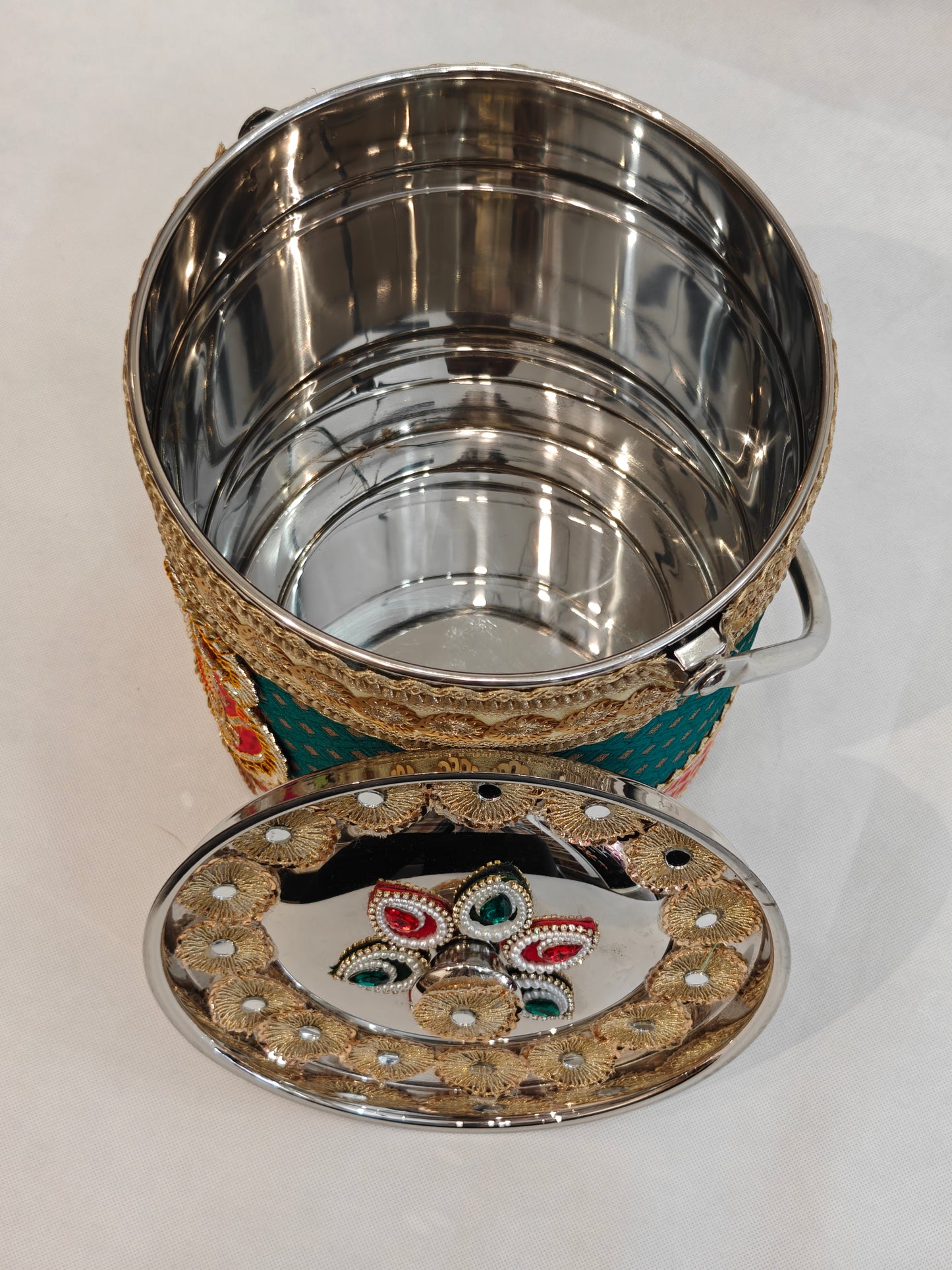 Decorated Stainless Steel Bucket with Handle for Indian Wedding | Green & Red Brocade with Kundan Paisley & Zardozi Lid | 8.25 Inch | Trousseau & Gifting