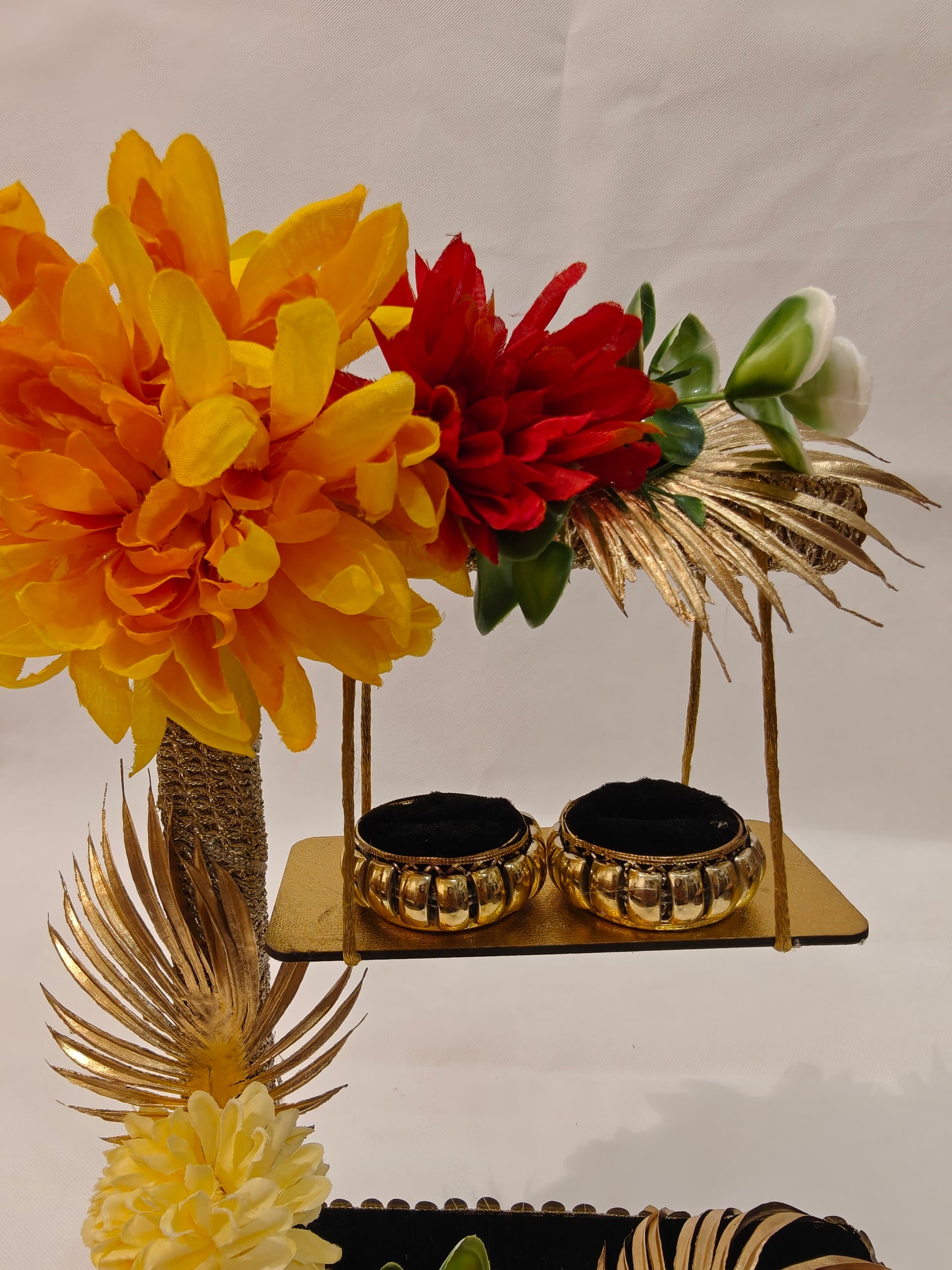 2-Tier Floral Ring Ceremony Stand — Yellow, Red & Orange | Wooden Ring Platter with Holders | The Wedding Station