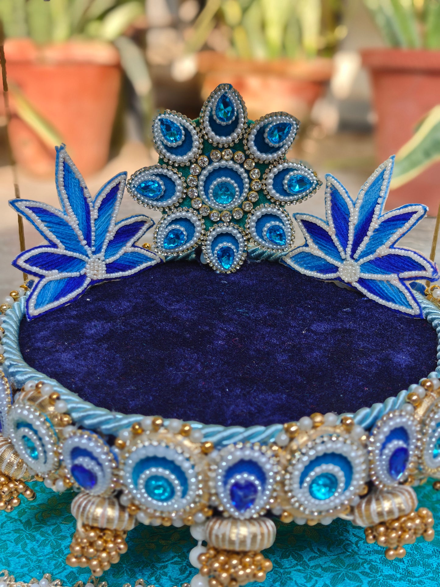 Royal Peacock Jhula & Singhasan for Ladoo Gopal | The Royal Collection | 2-in-1 Handcrafted Navy Blue & Teal Velvet Swing with Detachable Peacock Singhasan, Real Feather Motifs & Pearl Embellishments | 17 Inch Kanha Jhula