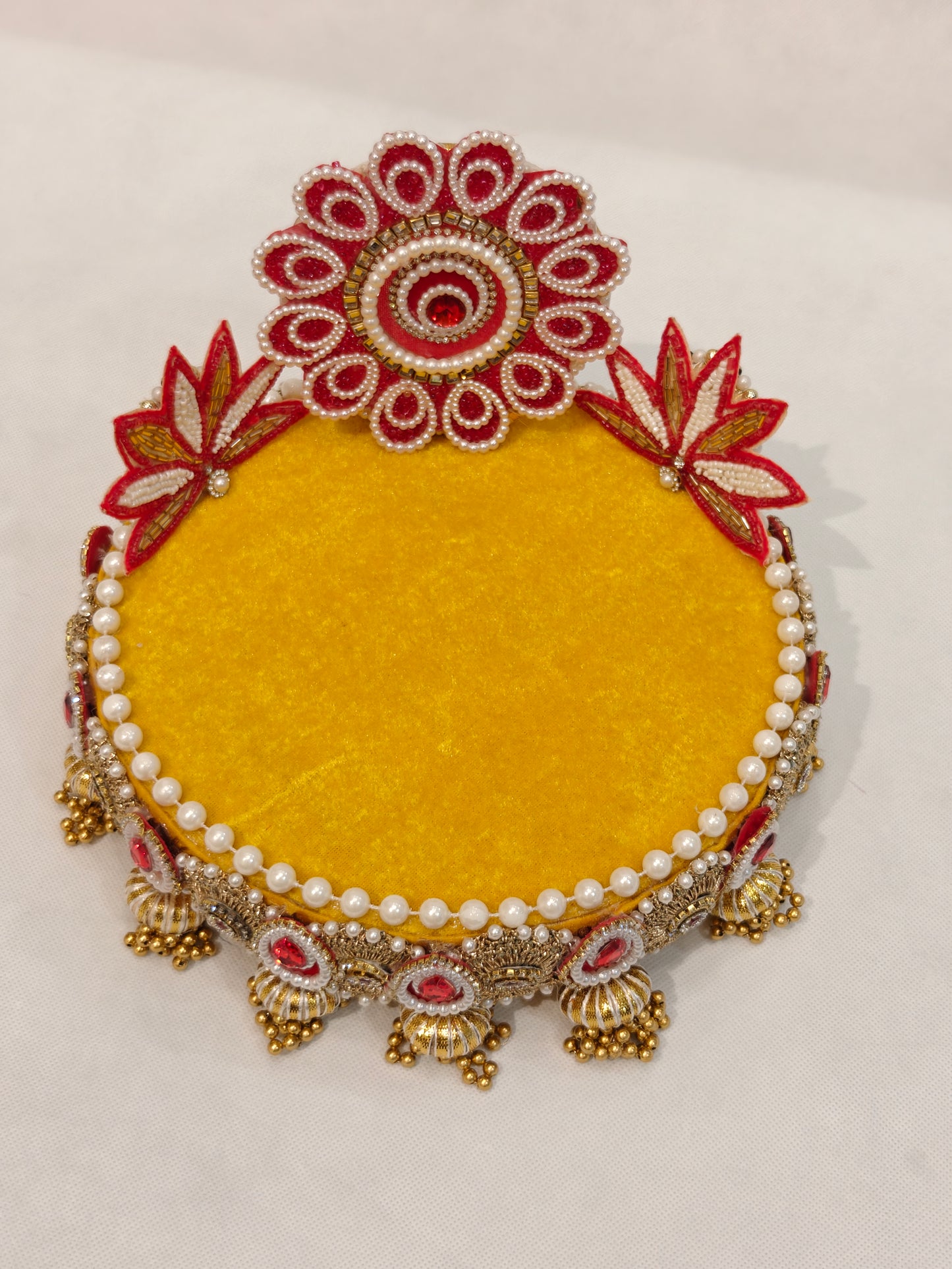 Red & Yellow Lotus Singhaasan for Ladoo Gopal | Handcrafted MDF Deity Throne with Lotus Backdrop | Red Gold | 8 Inch Base