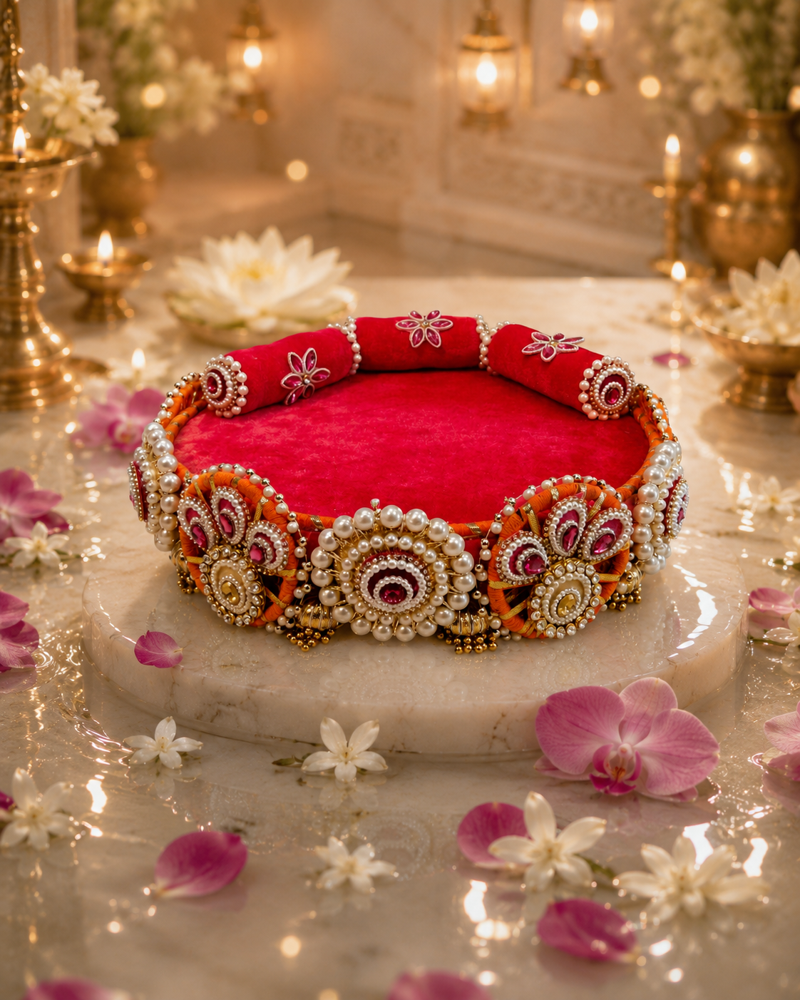 Top view of handcrafted orange and rani pink Singhaasan for Ladoo Gopal — 12 inch MDF deity throne base with rani pink velvet seating, gem embroidered bolster cushions and orange zari coil border by The Wedding Station
