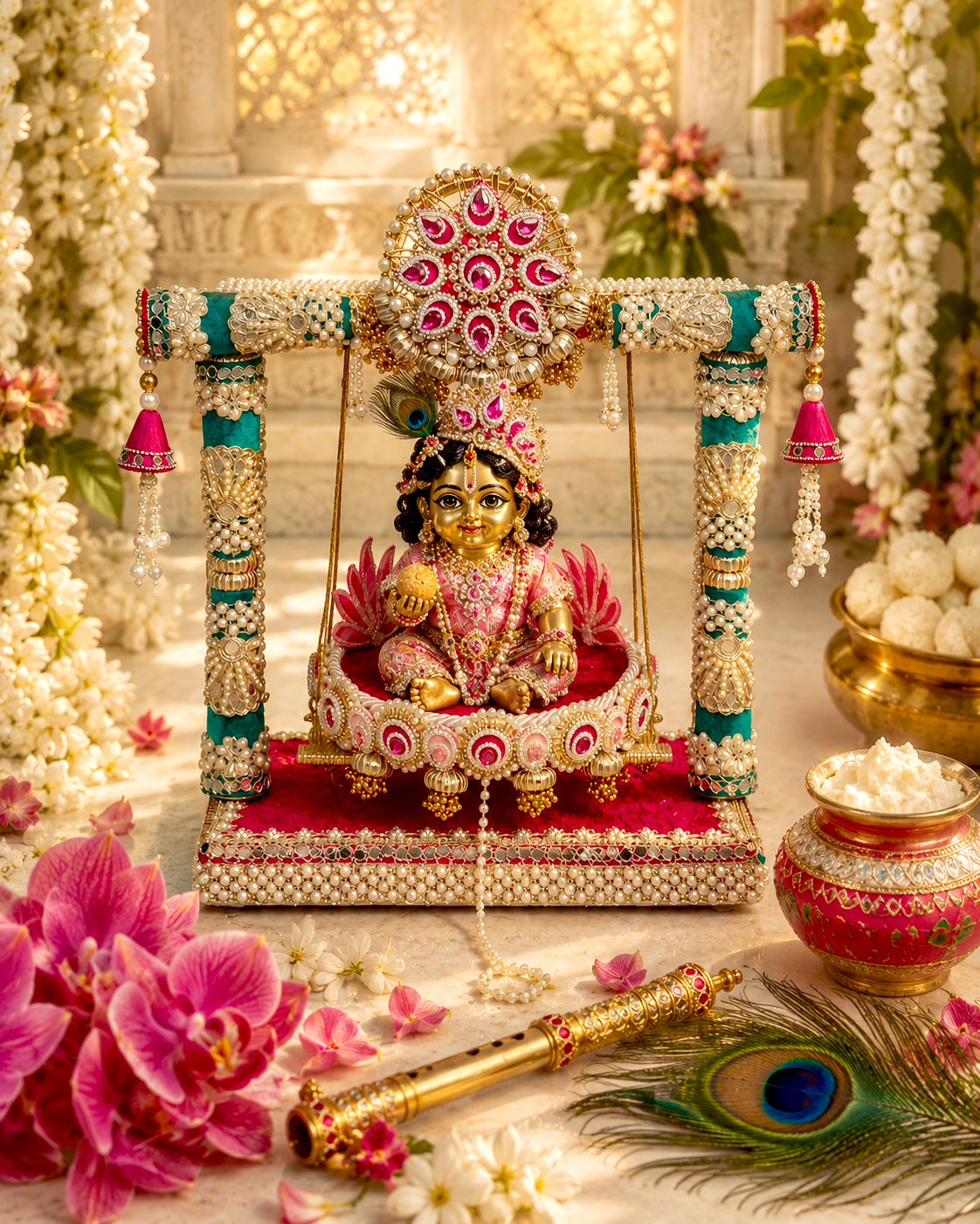 Royal Jhula & Singhasan for Ladoo Gopal | The Royal Collection | 2-in-1 Handcrafted Rani Pink & Teal Velvet Swing with Detachable Singhasan, Lotus Patra & Pearl Embellishments | 16 Inch Kanha Jhula