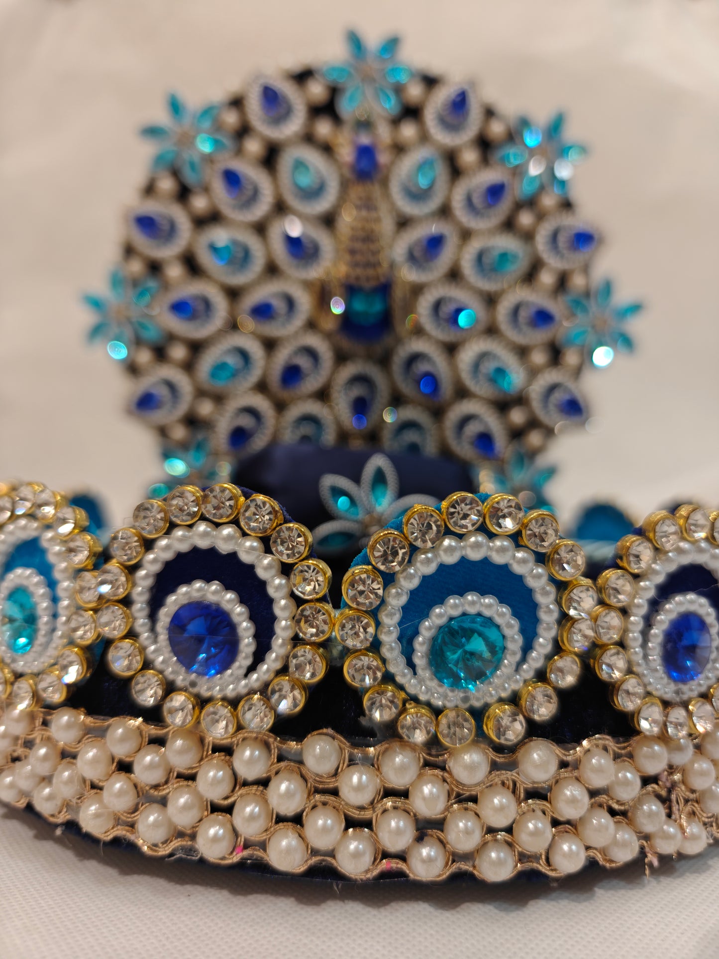 Peacock Singhaasan for Ladoo Gopal | Handcrafted MDF Deity Throne with Detachable Backdrop | Royal Blue & Teal | 9 Inch Base