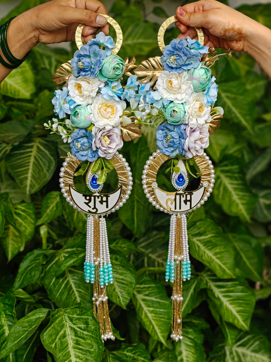 Shubh Laabh Diwali hanging with blue floral arrangement, diya motif, pearl detailing and golden accents
