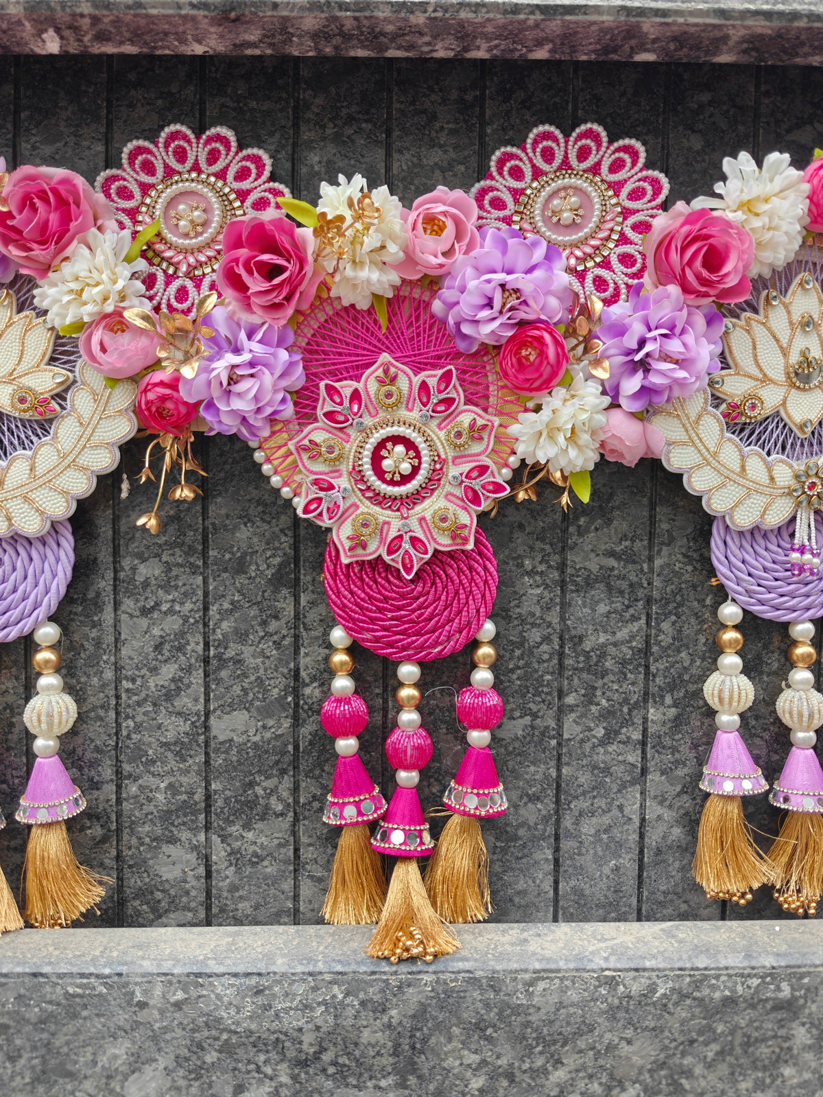Pink & Lavender Floral Toran with Lotus Medallions, Roses & Gold Tassels | Designer Wedding Bandhanwar