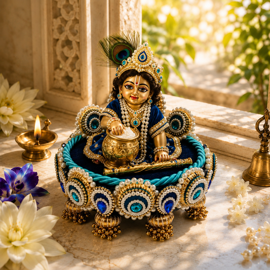 Teal Blue Mini Singhaasan for Ladoo Gopal | Handcrafted MDF Deity Throne with Lotus Backdrop | Teal Blue Gold | 6 Inch Base