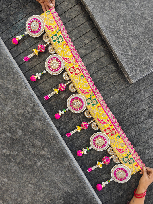 "Handcrafted yellow pink wedding door toran bandhanwar 40 inch with five mirror work jhumkis and pearl tassels"