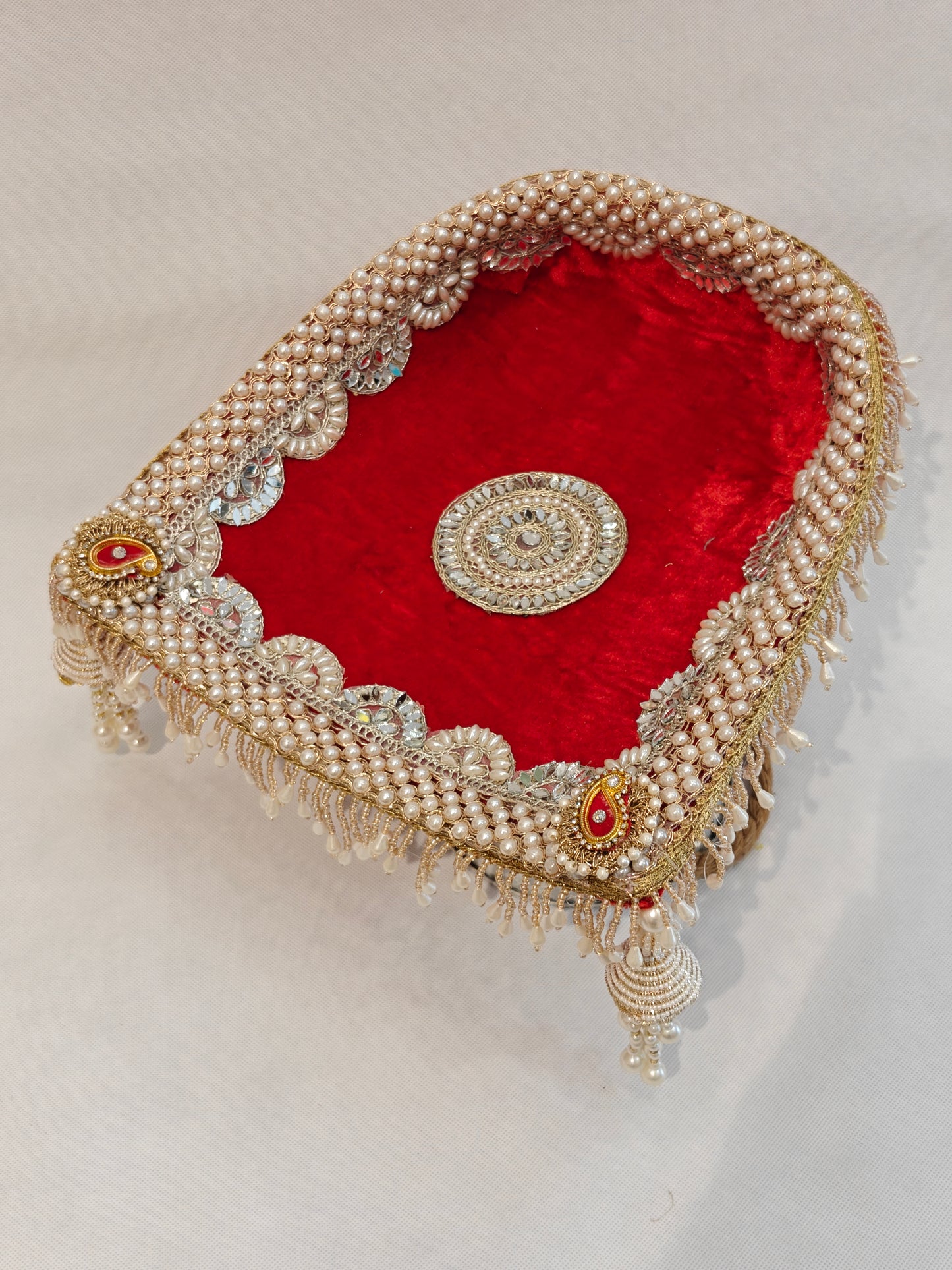 Small Soupda 8x7 inch with red velvet interior, pearl string border, gold zardozi medallion and cascading pearl bead fringes — handcrafted wedding puja tray by The Wedding Station