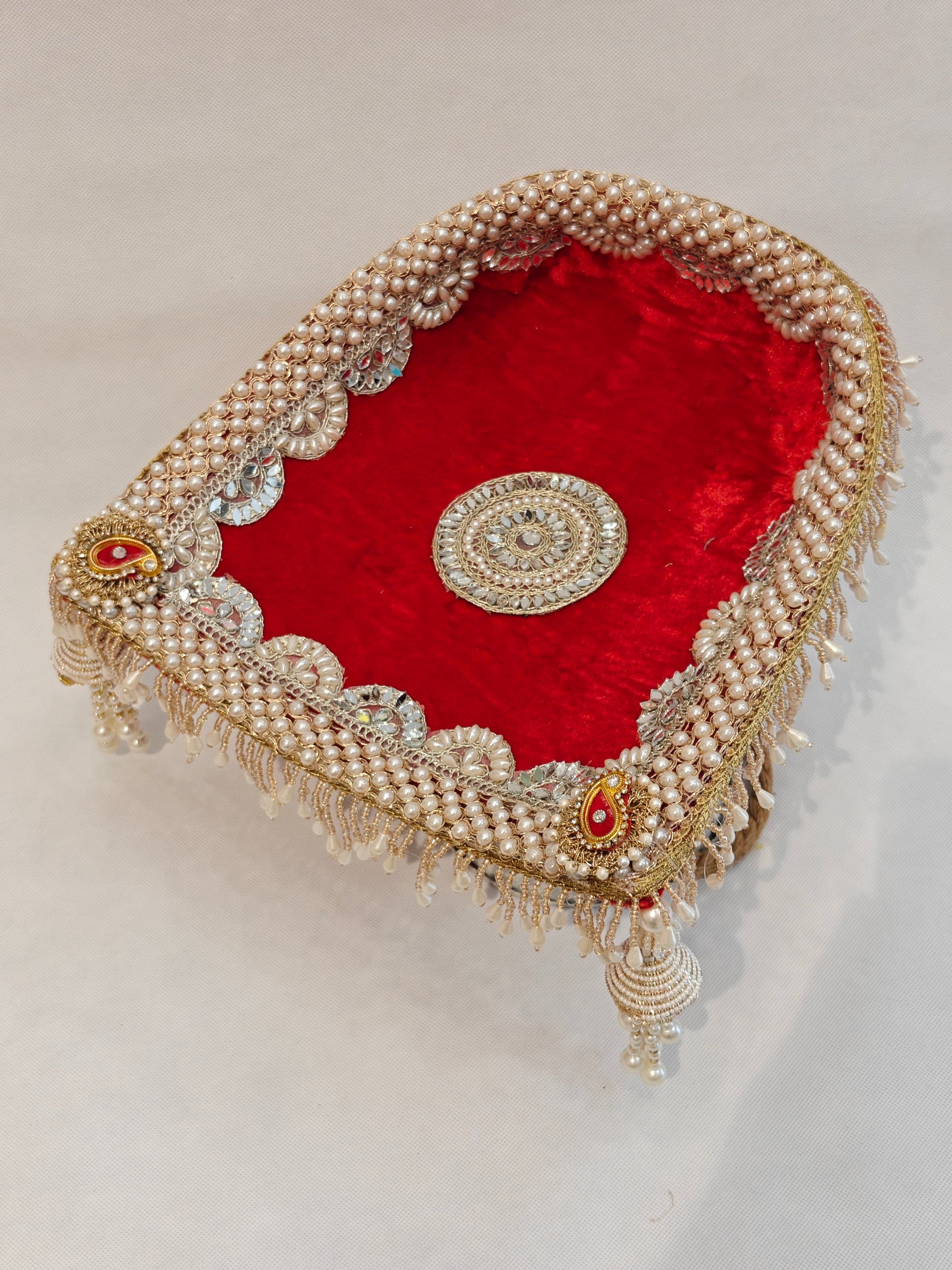 Small Soupda 8x7 inch with red velvet interior, pearl string border, gold zardozi medallion and cascading pearl bead fringes — handcrafted wedding puja tray by The Wedding Station