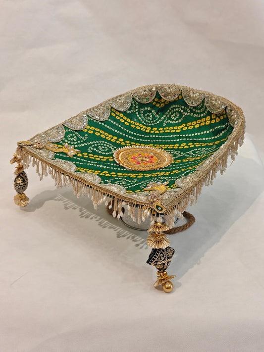 Large green bandhani soupda 12x13 inch with mirror scallop border, kundan motifs and pearl drop fringe — decorative Indian wedding ritual tray