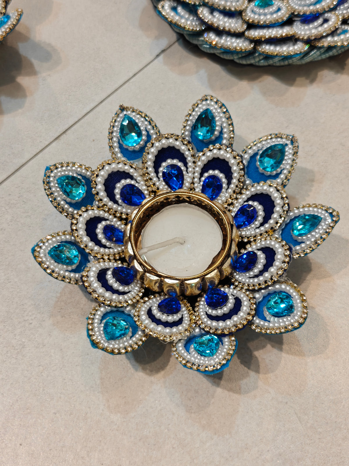 Blue Peacock & Lotus Crystal Tealight Holder Set