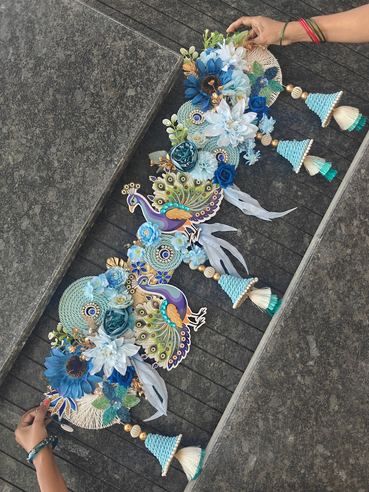 Blue and aqua peacock floral toran with decorative tassels for Diwali and festive door decoration, 40×16 inches