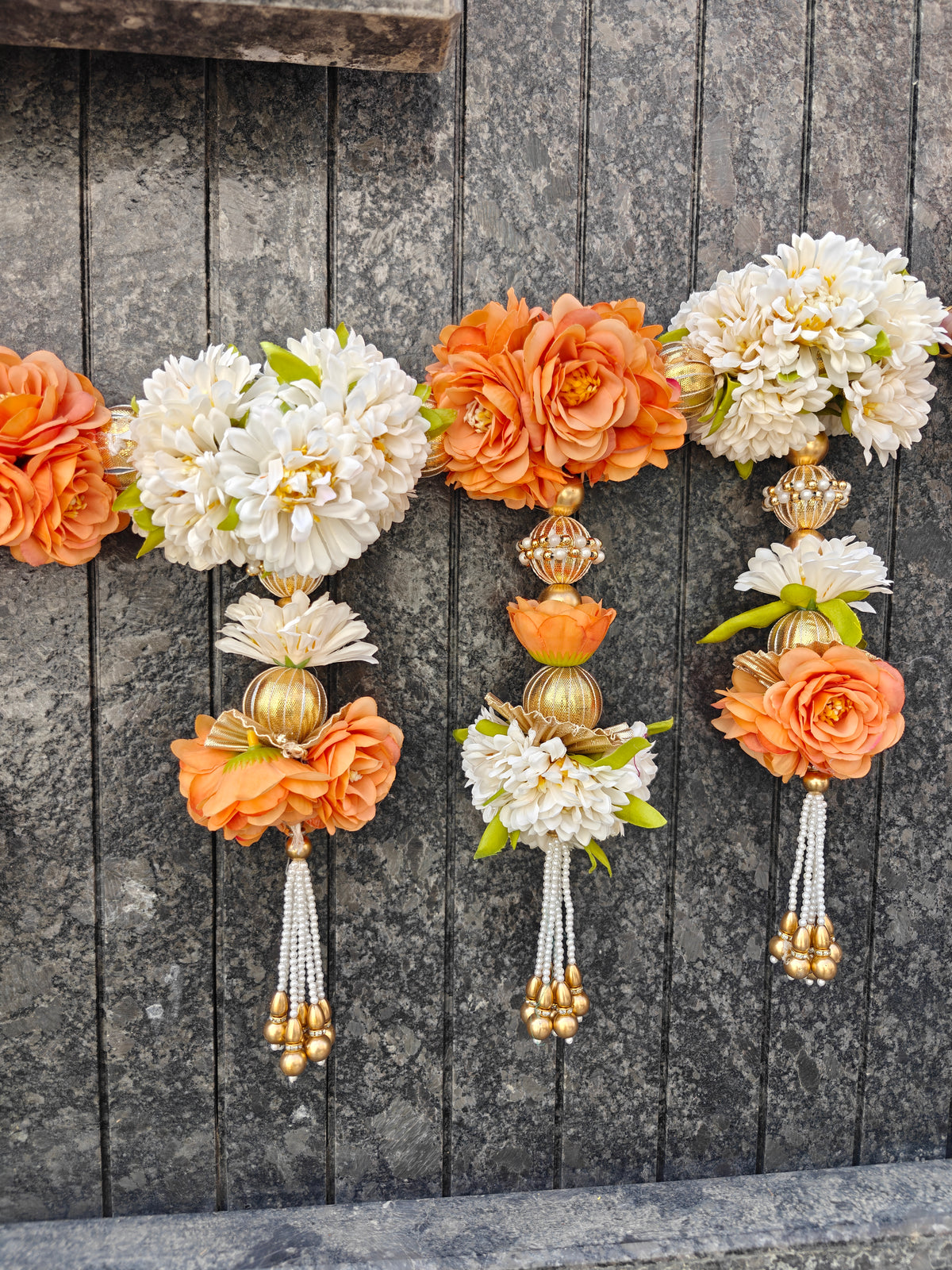 Orange & White Floral Toran with Gold Gota Balls & Pearl Latkans | Festive and Wedding Door Decor