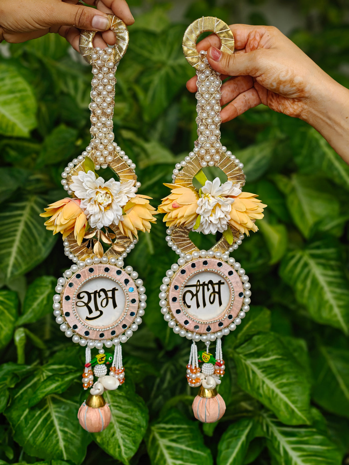 Peach Shubh Laabh floral pearl wall hanging for Diwali festive home decor