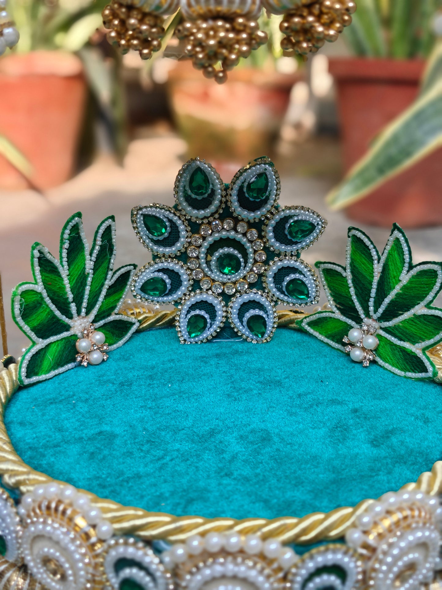 Royal Emerald Jhula & Singhasan for Ladoo Gopal | The Royal Collection | 2-in-1 Handcrafted Emerald Green & Crimson Velvet Swing with Detachable Singhasan, Brocade Base & Pearl Embellishments | 16 Inch Kanha Jhula