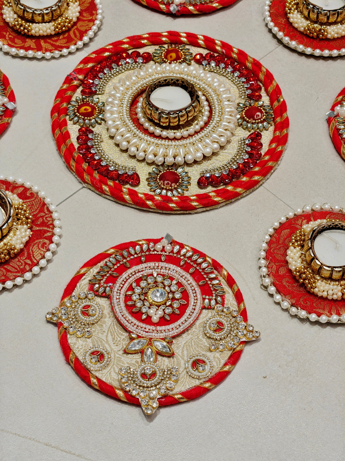 Red & Gold Brocade Rangoli Set with Tealight Holders