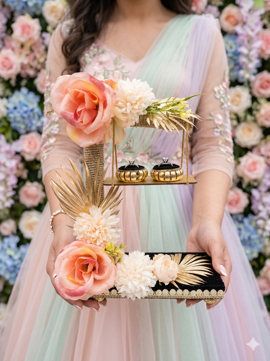2-tier handcrafted wooden ring ceremony stand with peach and ivory silk flowers, gold palm leaves, jute-wrapped column, swing shelf, and two gold ring holders — by The Wedding Station