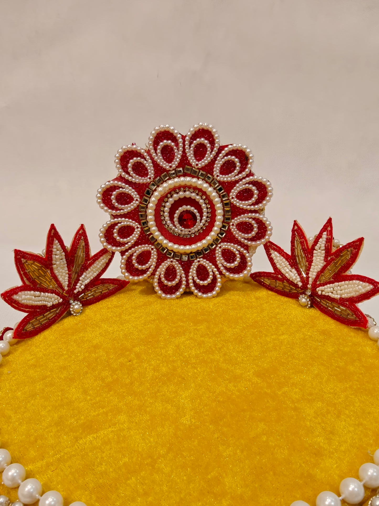 Red & Yellow Lotus Singhaasan for Ladoo Gopal | Handcrafted MDF Deity Throne with Lotus Backdrop | Red Gold | 8 Inch Base