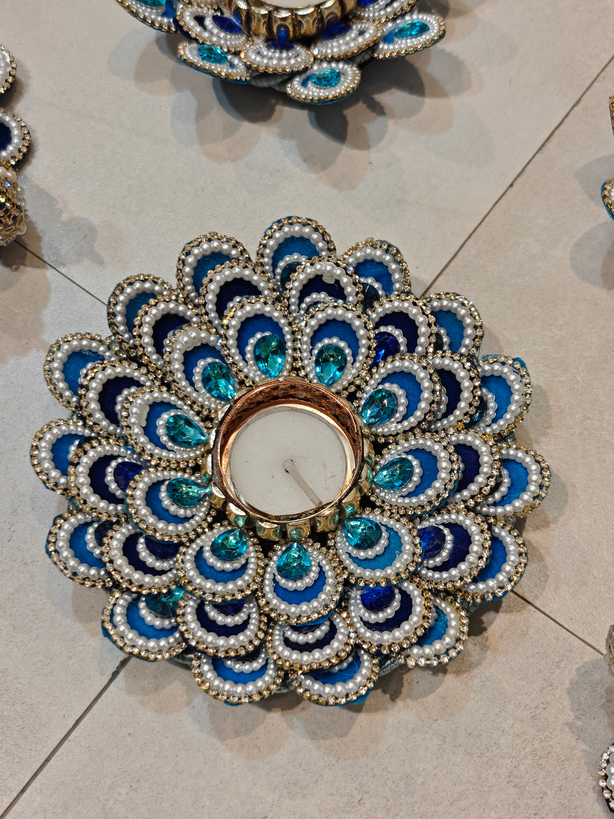 Blue Peacock & Lotus Crystal Tealight Holder Set