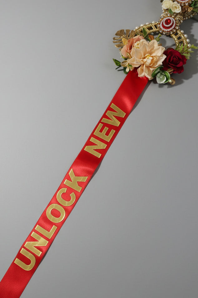 Handcrafted Floral Welcome Lock Ribbon | Inauguration Lock for Shop Opening & Housewarming Ceremony | Red & Gold Ribbon with Artificial Flower Decorated Locks | Griha Pravesh & Grand Opening Décor