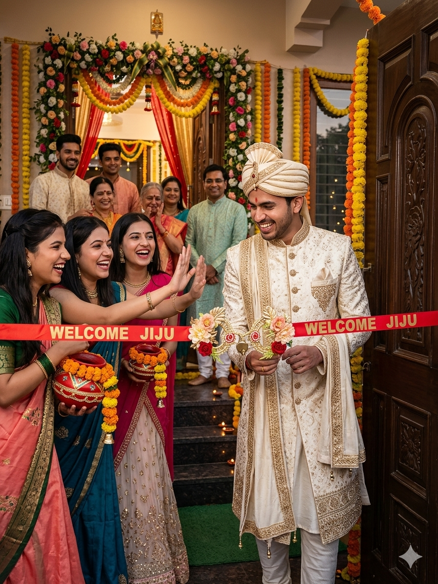 Bride's sisters welcoming groom with Welcome Jiju red floral lock ribbon at mandap entry during Indian wedding ceremony