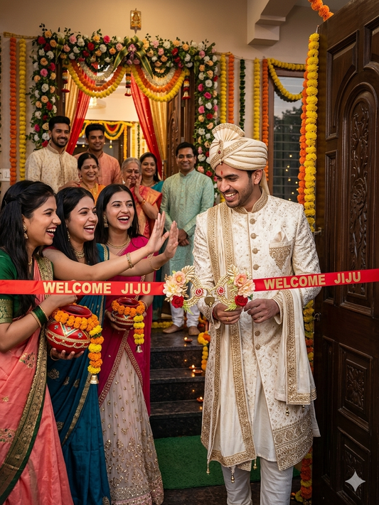Bride's sisters welcoming groom with Welcome Jiju red floral lock ribbon at mandap entry during Indian wedding ceremony