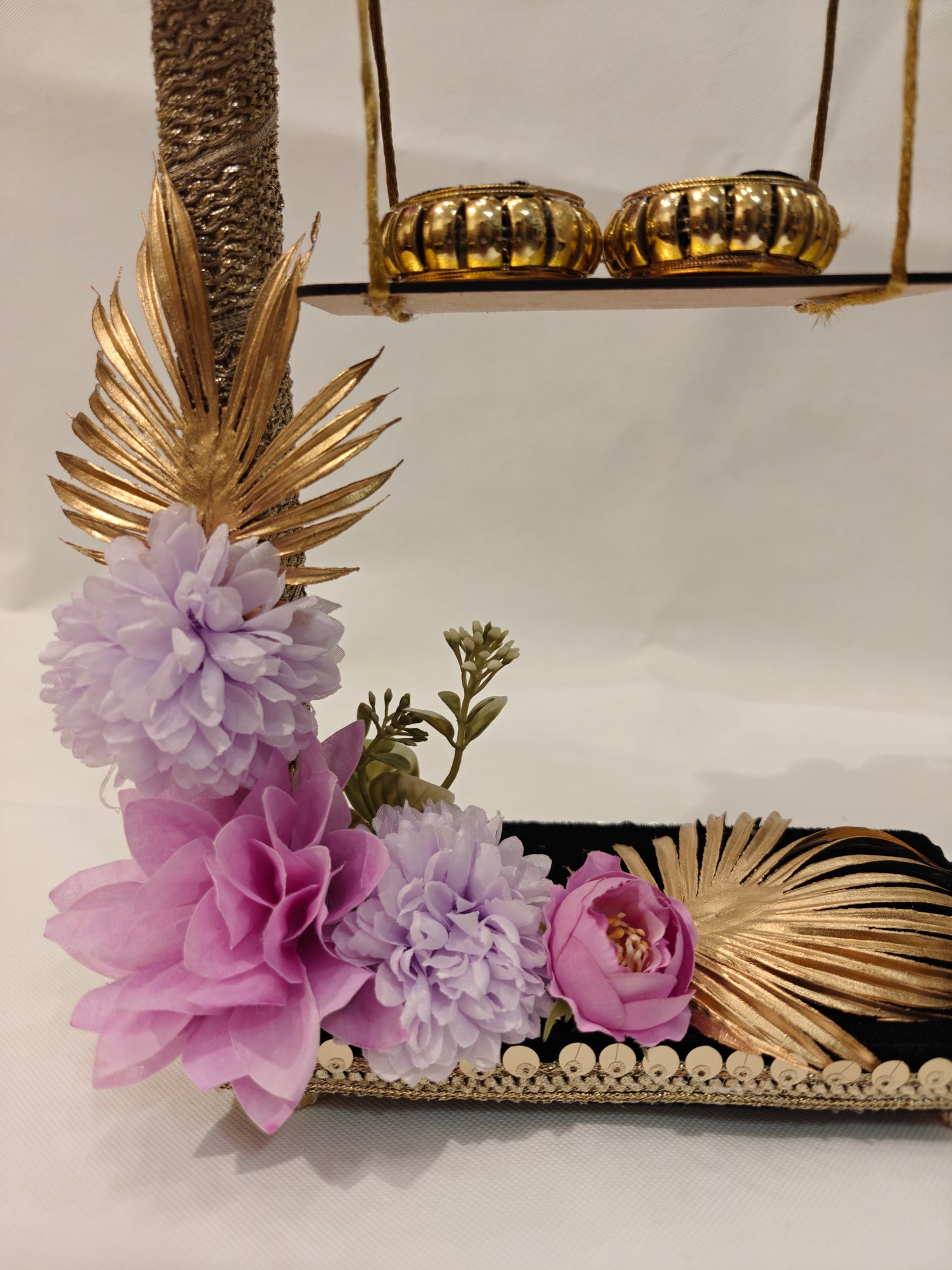 2-Tier Floral Ring Ceremony Stand — Lavender & Lilac | Wooden Ring Platter with Holders | The Wedding Station