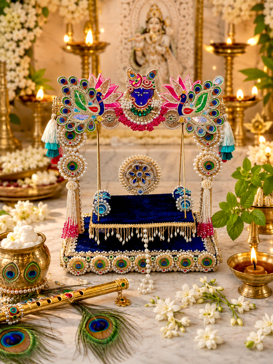 Peacock Pearl Thakur Ji Jhula | Handcrafted MDF Krishna Swing for Home Mandir (18 Inch, Seats up to 6 Thakur Ji)