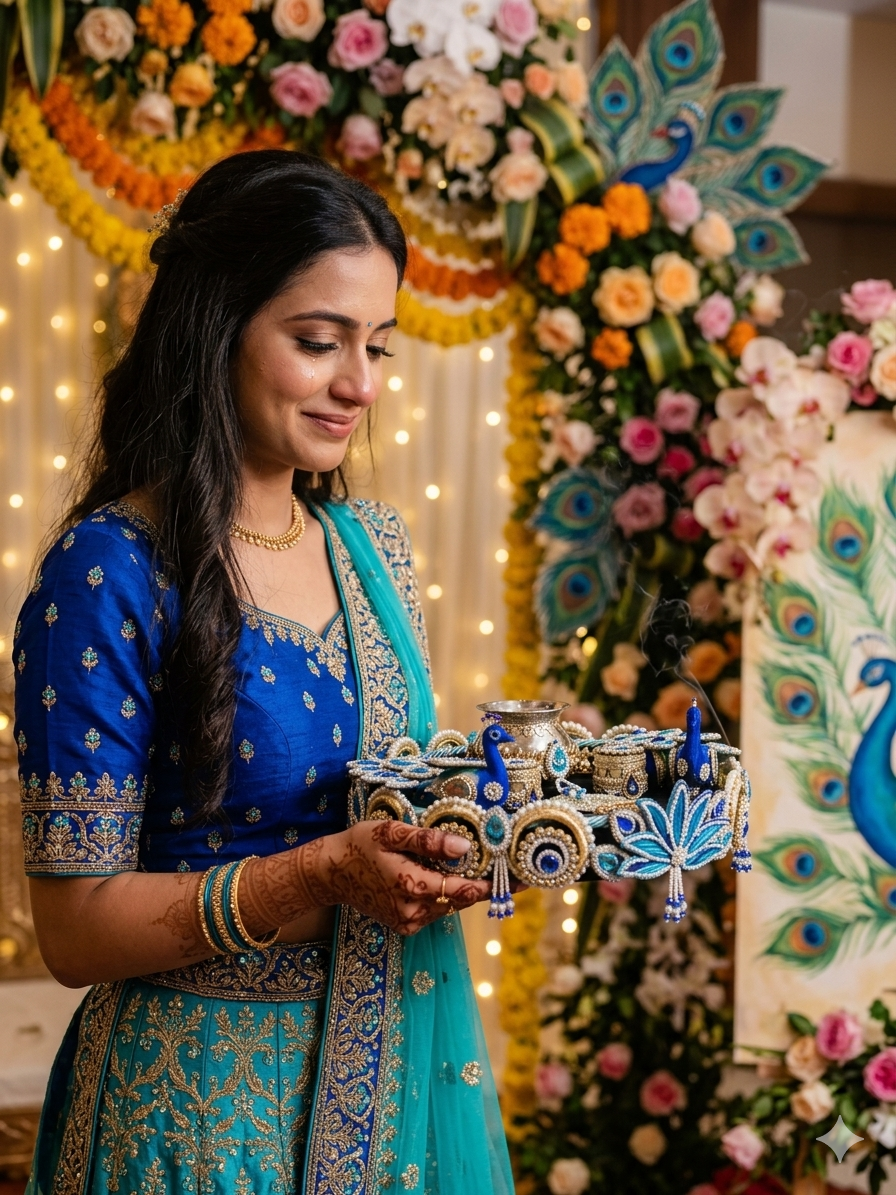 Bride in blue lehenga holding a handcrafted peacock pooja thali at a decorated wedding ceremony venue — bridal puja thali by The Wedding Station Meerut