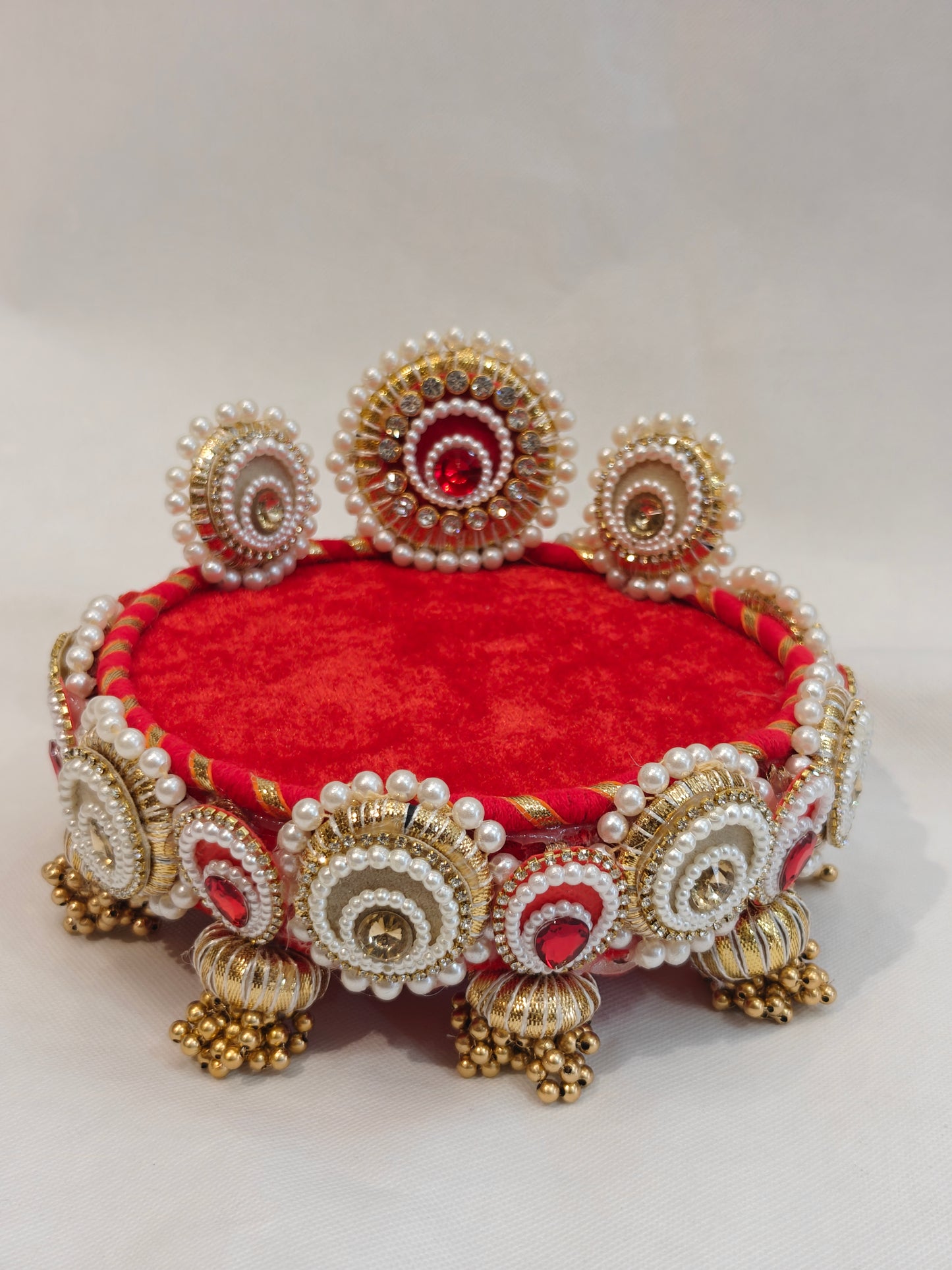 Peach & Red Lotus Singhaasan for Ladoo Gopal | Handcrafted MDF Deity Throne with Lotus Backdrop | Peach Red Gold | 6 Inch Base