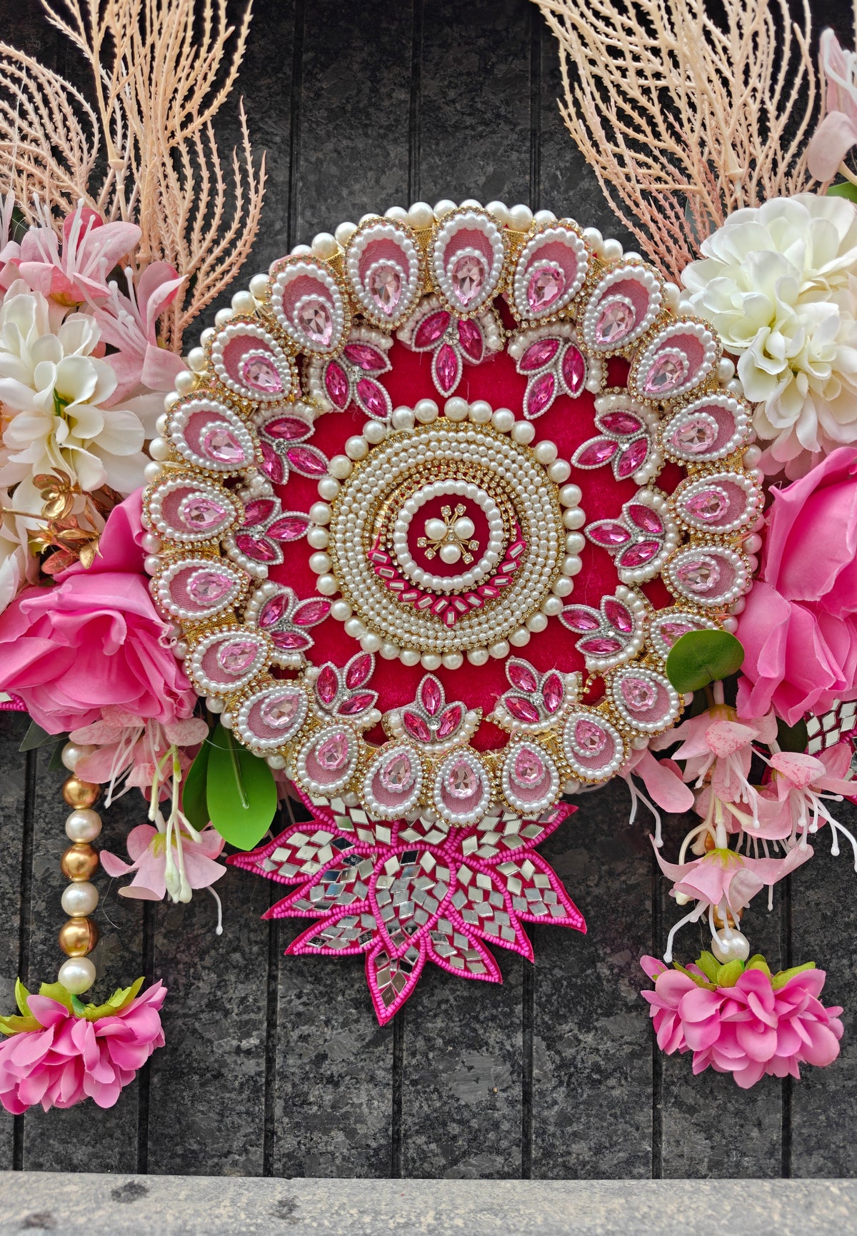 Pink Rose Floral Toran with Mirror Work Mandala, Pampas & Organza Pearl Ribbons | Diwali & Wedding Bandhanwar
